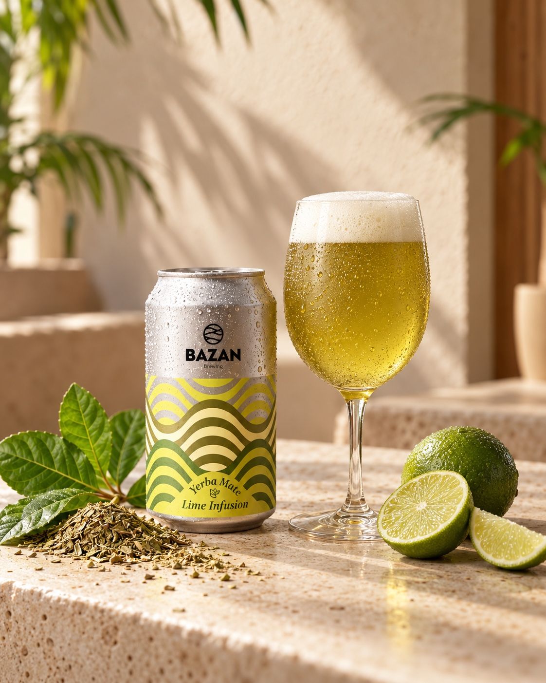 Lon Soda Yerba Mate của Bazan bên ly đã rót, trên mặt bàn đá ngập nắng, cùng lá mate tươi, yerba khô và chanh cắt lát