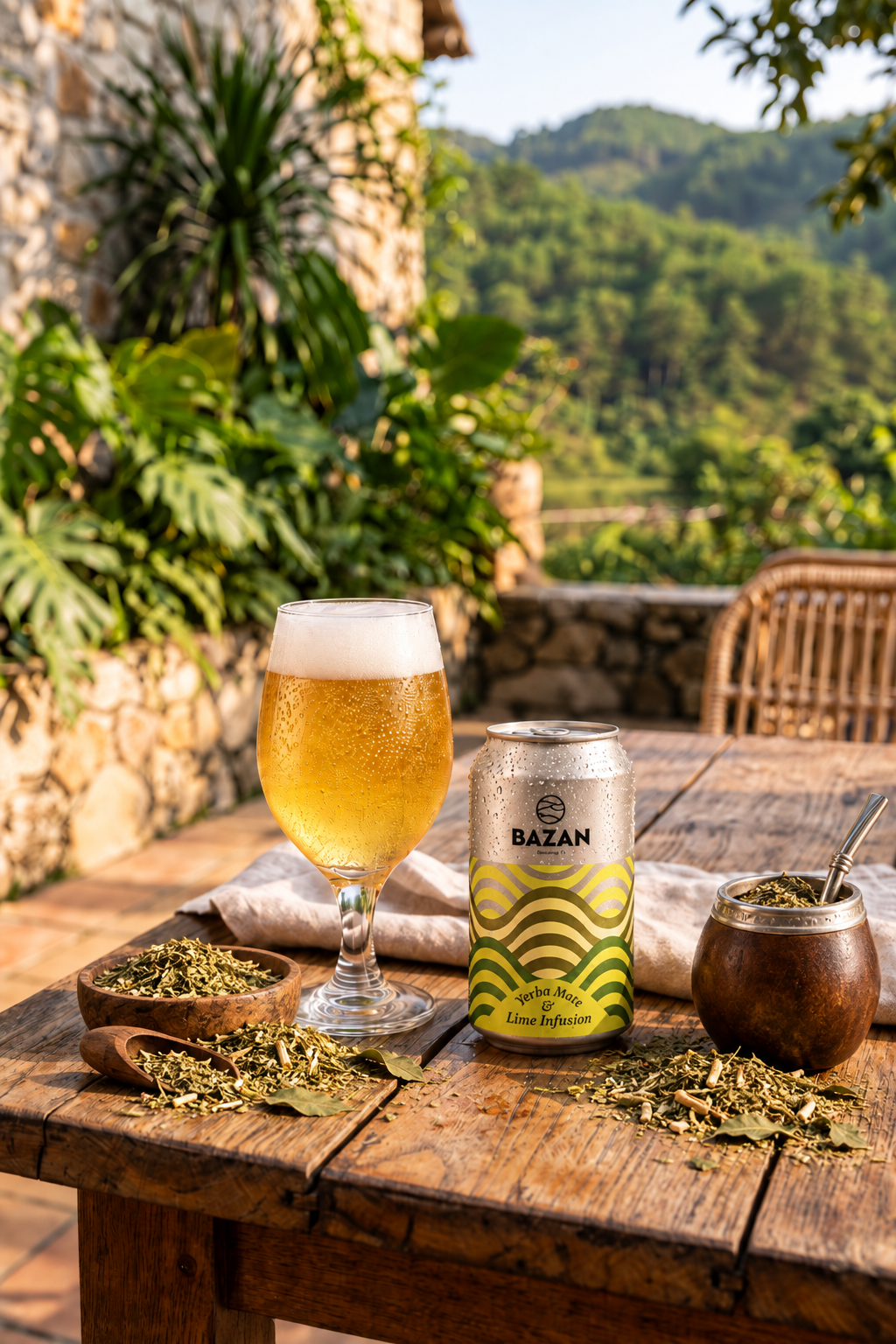 Bazan yerba mate and lime soda on a rustic terrace table, with a poured glass, loose mate leaves and a traditional mate gourd
